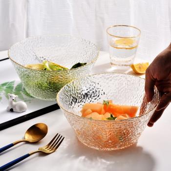 高顏值玻璃水果沙拉碗大號家用北歐ins風錘紋金邊創意少女心餐具