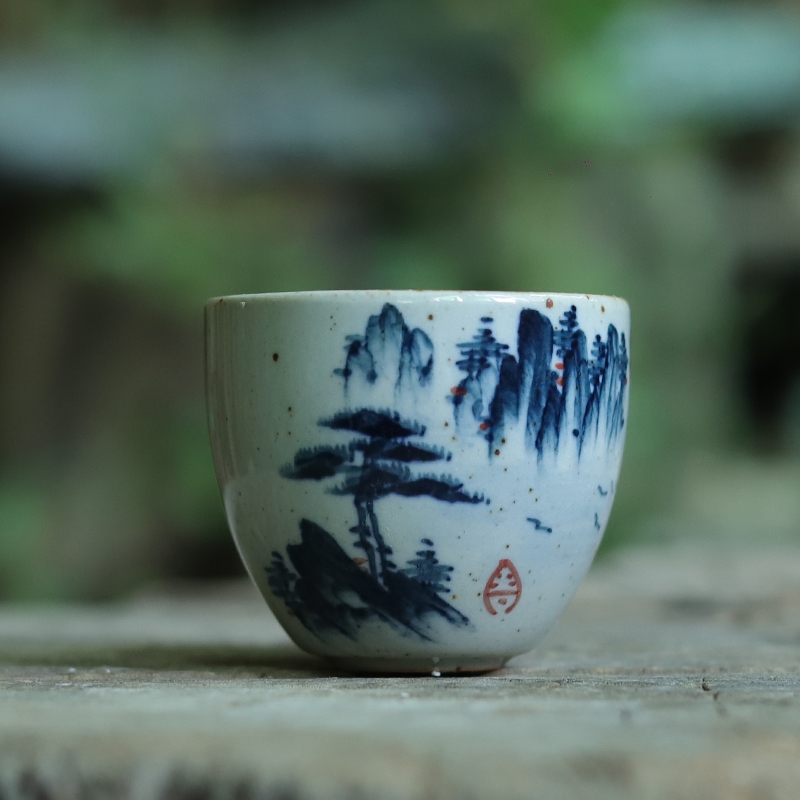 青花手繪山水畫茶杯中國風茶具復古中式茶盞湯吞杯子陶瓷杯品茗杯|茶杯