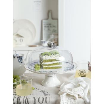 歐式陶瓷蛋糕高腳托盤點心盤防塵蛋糕罩創意藍蓮花西點甜品臺擺件