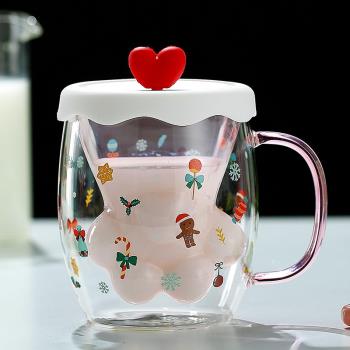 茶杯學生耐熱玻璃貓爪杯帶把圣誕貓爪帶蓋可以配勺子隔熱杯卡通杯