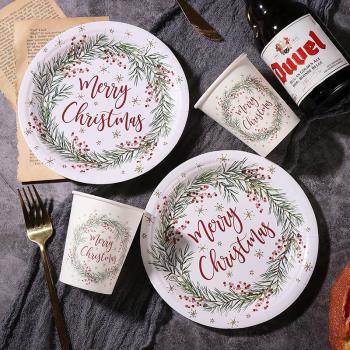 圣誕派對環保降解一次性餐桌用品圣誕節紙杯紙盤紙巾吸管桌布套裝