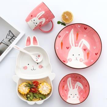 釉下彩兒童餐盤家用吃飯碗可愛動物分格盤陶瓷寶寶早餐具套裝卡通