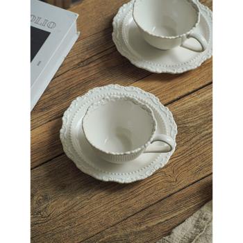 索廚法式浮雕陶瓷咖啡杯碟套裝復古下午茶貴族杯子家用純色拿鐵杯