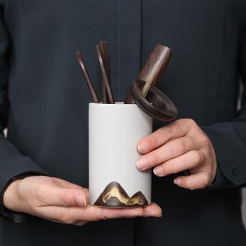 手繪簡約風茶道六君子 中式禪意粗陶茶桶筆筒擺件黑檀木茶具配件