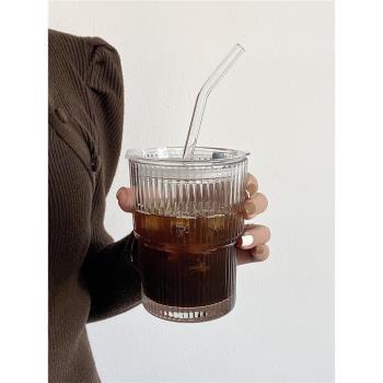 ins條紋咖啡杯帶吸管帶蓋玻璃隨手杯冰美式拿鐵咖啡杯飲料杯水杯