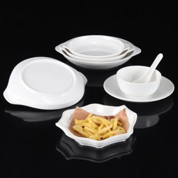 白色密胺雙耳鮑魚盤仿瓷酒店湯盤塑料深盤餐廳商用涼拌菜盤干鍋盤