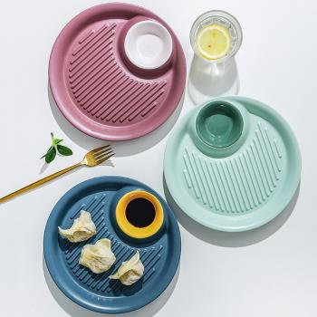 ezicok餃子盤陶瓷餐盤帶蘸料格水餃盤家用瀝水盤創意隔水分格盤