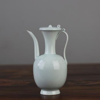 復古宋湖田影青雕嬰戲紋點茶帶蓋小手執壺斗茶比賽培訓陶瓷壺湯瓶