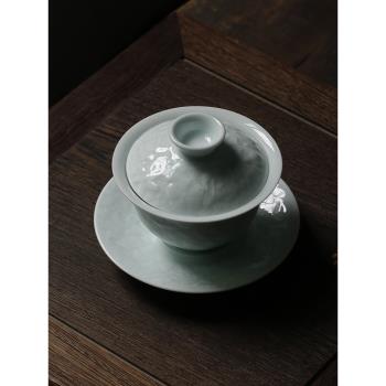 景德鎮影青雕刻萬花紋蓋碗陶瓷三才碗功夫茶具蓋杯敬茶杯宋宴茶具
