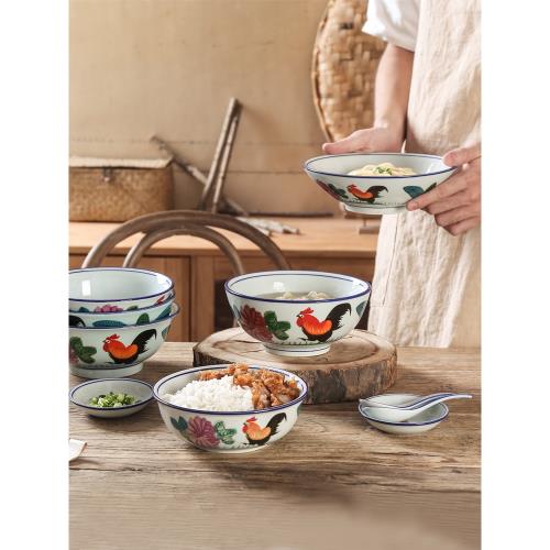 碗復古懷舊老式公雞碗陶瓷商業面家用雞公碗大號湯酒飯店泡面面碗