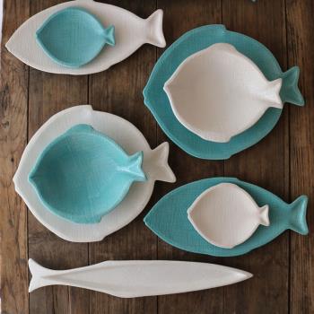 W1962出口美國浮雕顆粒高溫陶瓷藍白魚盤/創意魚造型餐盤海洋魚碟