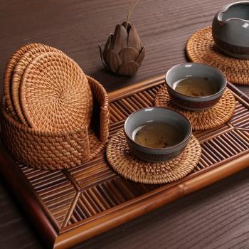 越南老秋藤編杯墊茶墊套裝手工編制壺墊方形圓形10茶道日式隔熱墊