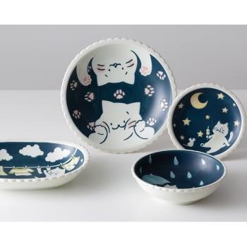 日式可愛卡通貓咪和星期天陶瓷碗盤碟組合美濃燒家用餐具馬克杯
