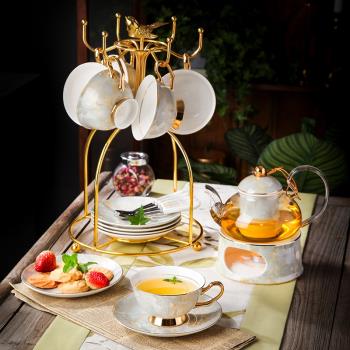 英式陶瓷下午茶茶杯玻璃花茶具套裝水果蠟燭加熱茶壺帶過濾禮盒裝