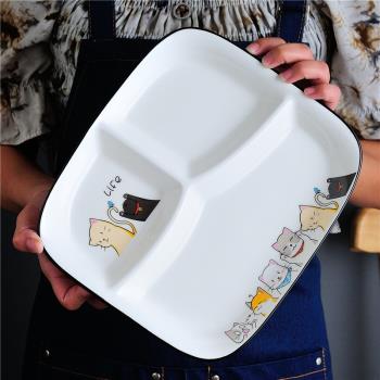 分格盤陶瓷減脂餐盤套裝學生餐盤方形三格盤子可愛卡通兒童飯盤