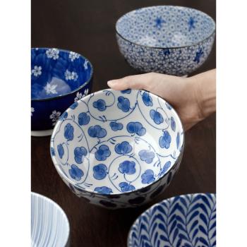 美濃燒日本進口陶瓷碗日式和風餐具家用米飯碗湯碗釉下彩青花面碗