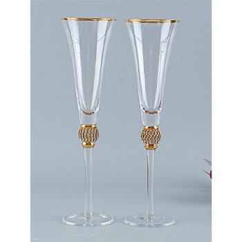 創意無鉛水晶香檳杯雞尾酒杯玻璃紅酒杯金邊琺瑯彩婚慶高腳杯擺件