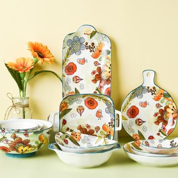 日式碗碟套裝釉下彩陶瓷花語海棠創意餐具家用烤箱專用碗盤子菜盤