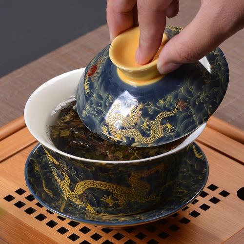 陶瓷三才蓋碗茶杯復古中國風龍敬茶杯青花茶樓火鍋四川菜茶碗大號|茶罐
