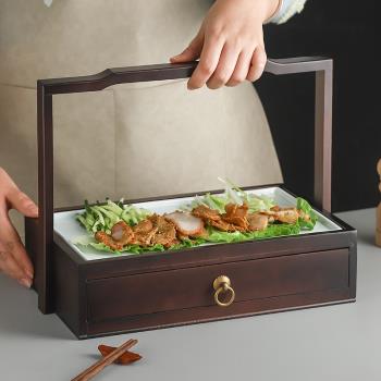 酒店中餐仿古竹木創意長方抽屜組合點心糕點盒特色烤鴨意境菜餐具