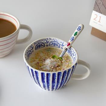 可愛日子 日式不規則手捏馬克杯 小眾設計感復古花紋早餐陶瓷杯