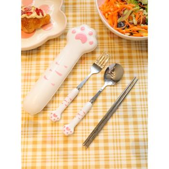 餐具套裝筷子勺子304不銹鋼學生可愛貓爪三件套一人用便攜餐盒女