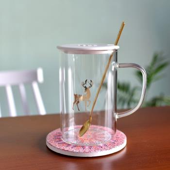 北歐風格透明玻璃杯子金色小鹿軟萌治癒系喝水杯溫暖禮物帶蓋茶杯