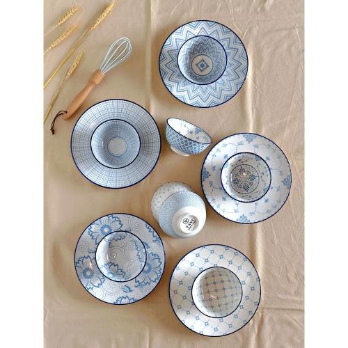 日式藍邊釉下彩餐具文藝風復古美食拍照餐具家用碗米飯碗和風餐具