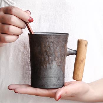 創意手工木柄窯變馬克杯帶碟勺陶瓷茶杯子簡約日式辦公水咖啡杯