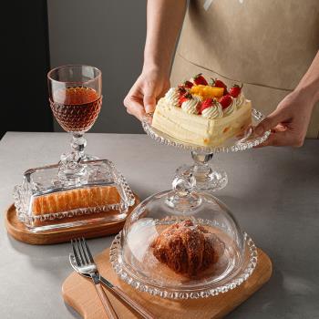 索廚 歐式透明玻璃愛心蛋糕托盤餐廳創意高腳水果盤帶蓋點心盤