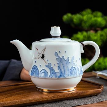 白瓷羊脂玉手繪浮雕茶壺茶杯陶瓷家用荷花大容量手工單壺中式茶具