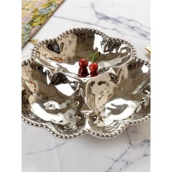 歐系家居擺設陶瓷珍珠工藝電鍍水果盤 歐式3分格擺盤 干果盤 瑕疵