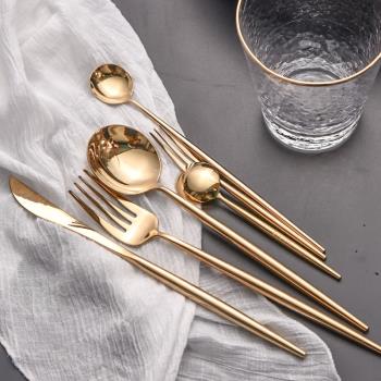 金色304不銹鋼牛排刀叉勺三件套裝西餐餐具筷子勺子家用刀叉網紅