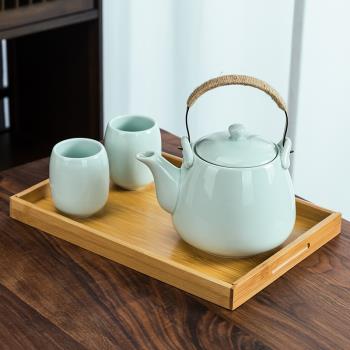 日式陶瓷茶具復古青瓷粉青提梁壺大號泡茶壺一壺兩杯單壺家用水壺