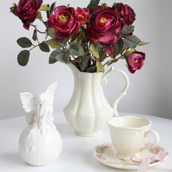 胖兔家出口歐式奶油色中古宮廷風卷葉手柄陶瓷冷水壺水培花器花瓶