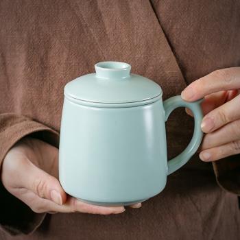 陶瓷馬克杯水杯家用汝窯可養開片茶杯辦公杯帶蓋茶水分離泡茶杯子