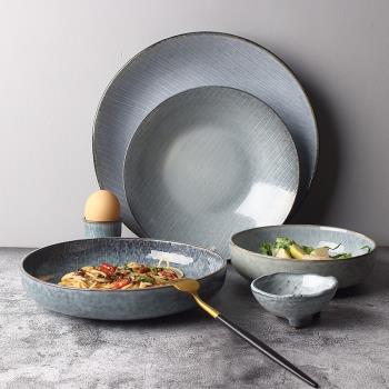 創意條紋陶瓷湯盤子個性家用復古圓盤沙拉碗菜碗菜餃子長方盤餐具