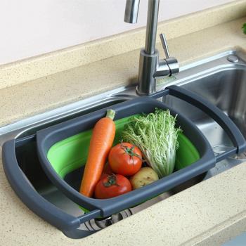 硅膠折疊水槽瀝水籃廚房洗菜籃家用鏤空水果盆可伸縮戶外創意水盆