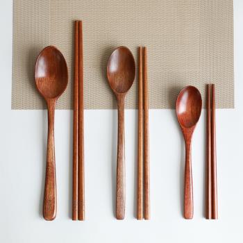 何適日式木質勺子筷子套裝兒童便攜戶外三件套一人一筷勺餐具盒裝