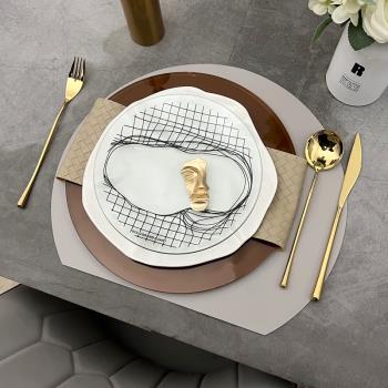 現代輕奢樣板房餐具套裝刀叉勺玻璃大盤皮餐墊組合售樓處商用餐盤