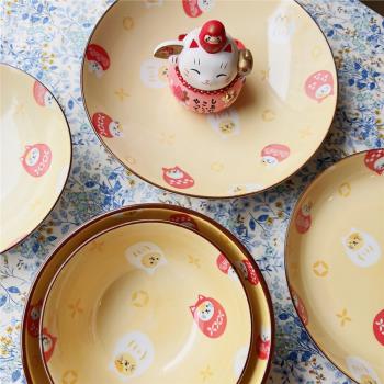 現貨日本進口美濃燒釉下彩可愛招財貓達摩貓咪黃色餐具盤子碗
