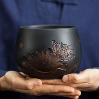 紫陶茶洗水盂禪意復古中式陶瓷黑陶紫砂大容量家用茶渣缸茶道配件