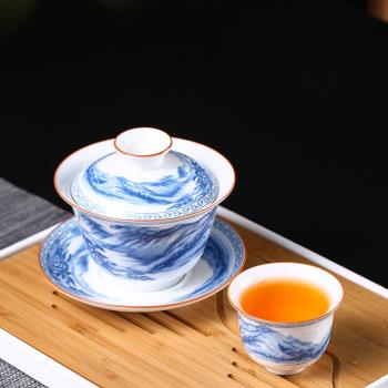蓋碗茶杯青花瓷大號茶碗陶瓷茶具陶瓷三才碗白瓷敬茶杯單個手抓壺