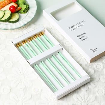 高級感森林綠陶瓷筷子銅頭福字5雙裝快子高顏值不發霉筷子禮盒裝