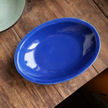 W1962日本新骨瓷復古造型寶藍色手捏款橢圓形實用餐盤/INS風家用