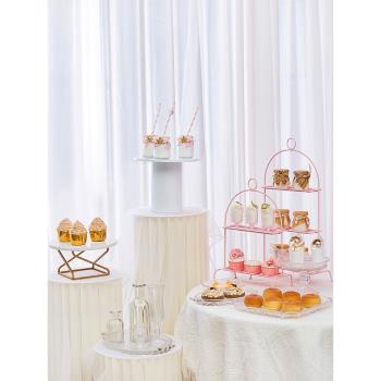 歐式寶寶周歲粉色甜品臺擺件生日玻璃蛋糕盤婚禮擺臺展示架子托盤