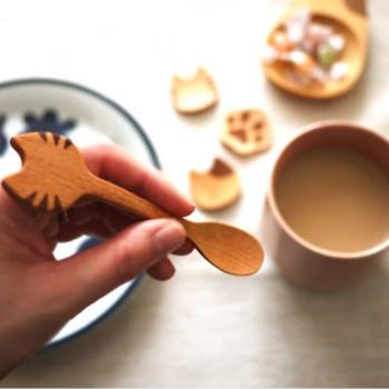 日本進口可愛貓咪小木勺叉子咖啡勺原木無漆創意小湯匙蜂蜜攪拌勺