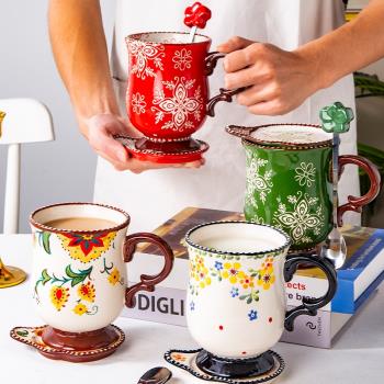 波蘭風陶瓷高腳水杯馬克杯帶蓋杯子高級感輕奢牛奶早餐杯家用茶杯
