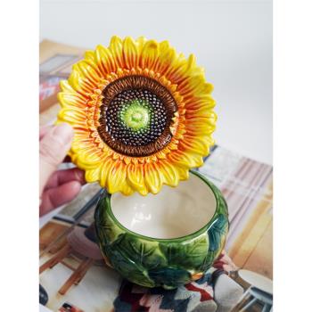 蒸蒸日上太陽花陶瓷小茶葉罐精致手繪家居小裝飾罐美式田園小禮品