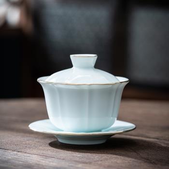 德化羊脂玉瓷單個白瓷蓋碗影青描金陶瓷泡茶碗功夫茶具三才敬茶碗